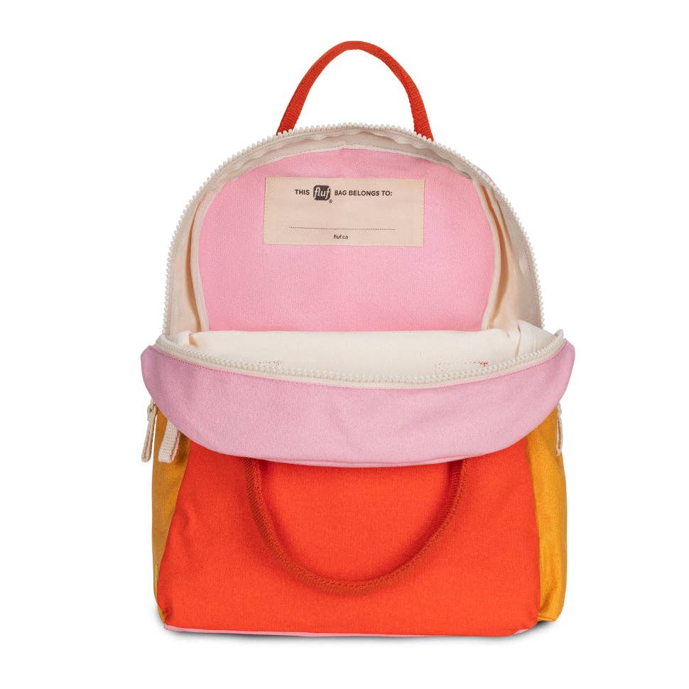 Colorful backpack with pink top section, orange bottom section, and yellow sides on a white background.