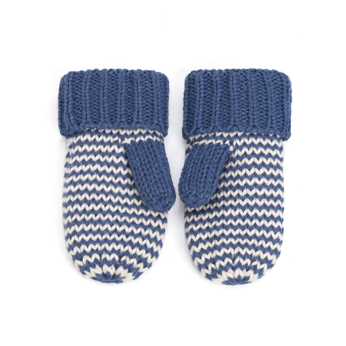 A pair of knit baby mittens in blue and cream, featuring ribbed cuffs and integrated thumb pockets, shown on a plain white background.