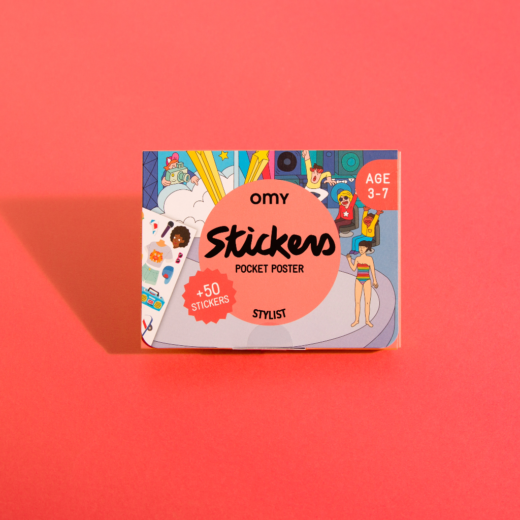 OMY Stickers pocket poster packaging on a red background