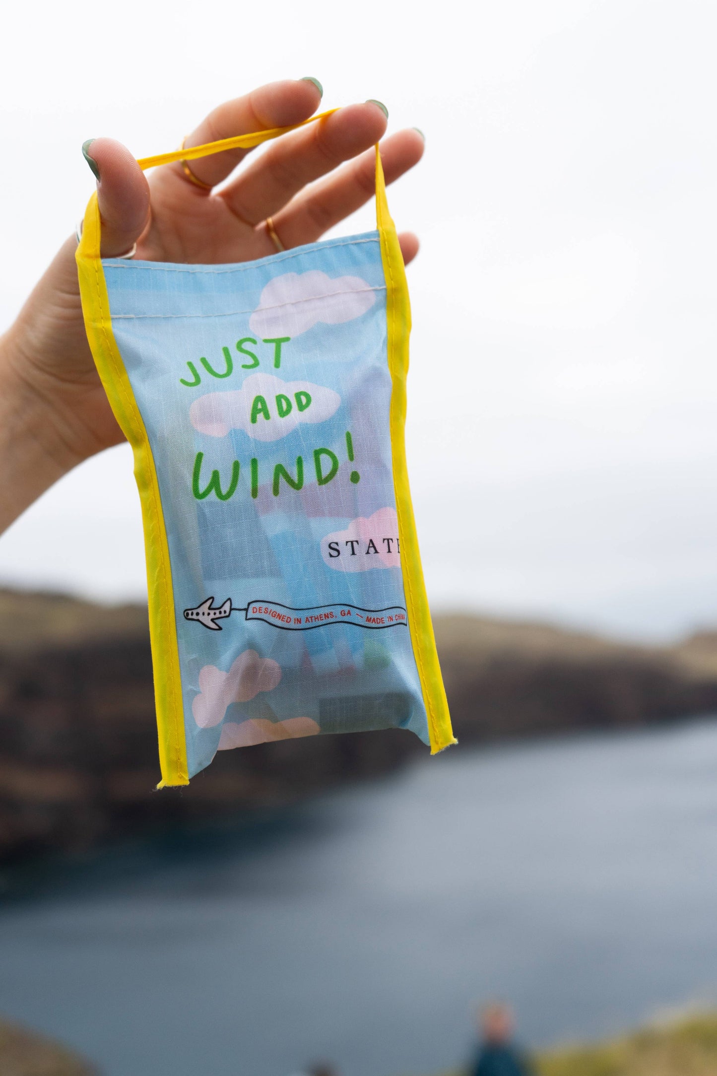 Hand holding a small blue bag with text 'Just Add Wind' against a blurred natural background