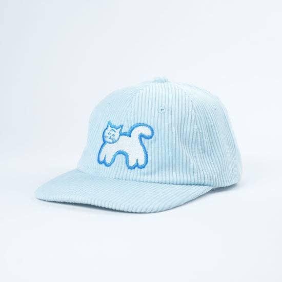 Light blue cap with a cat illustration on a light gray background