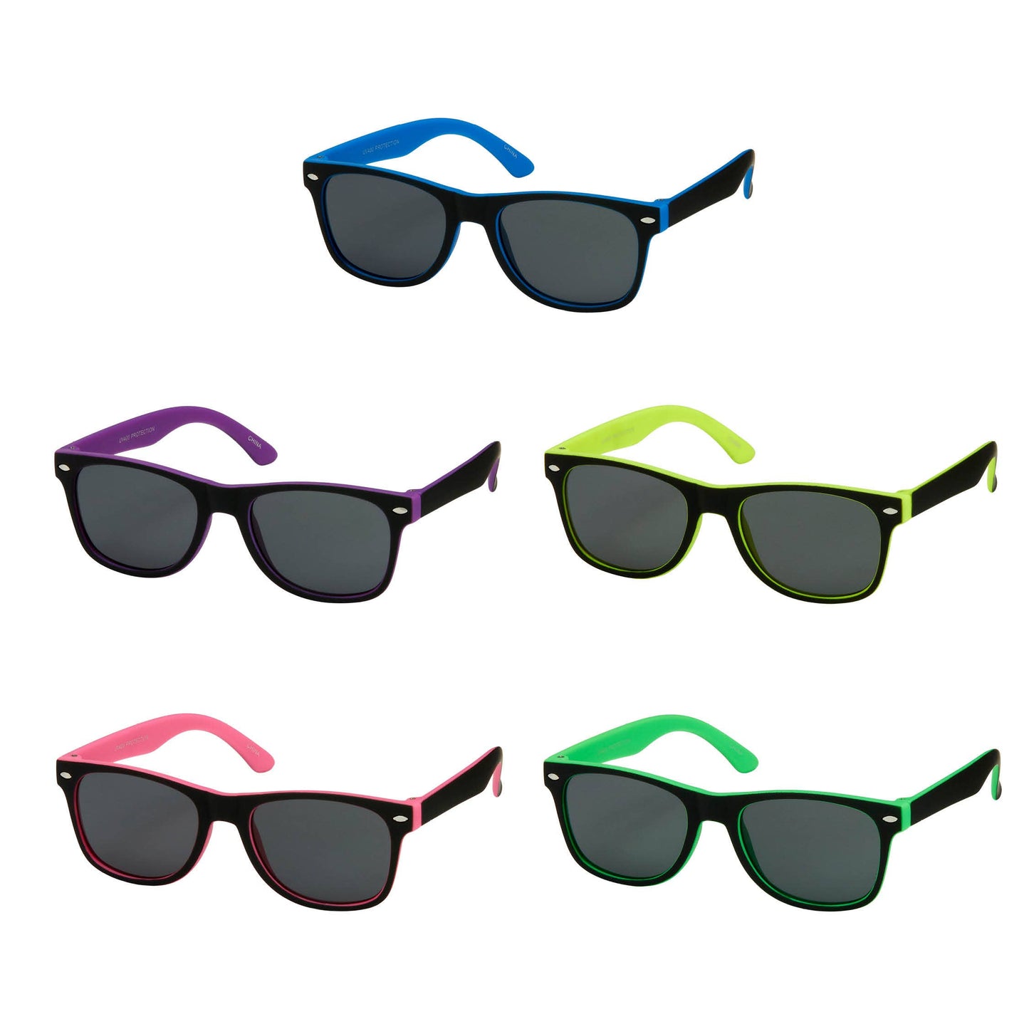 Six pairs of kids' sunglasses arranged in a grid on a white background, featuring black frames and colorful temples in blue, purple, lime green, pink, and green.