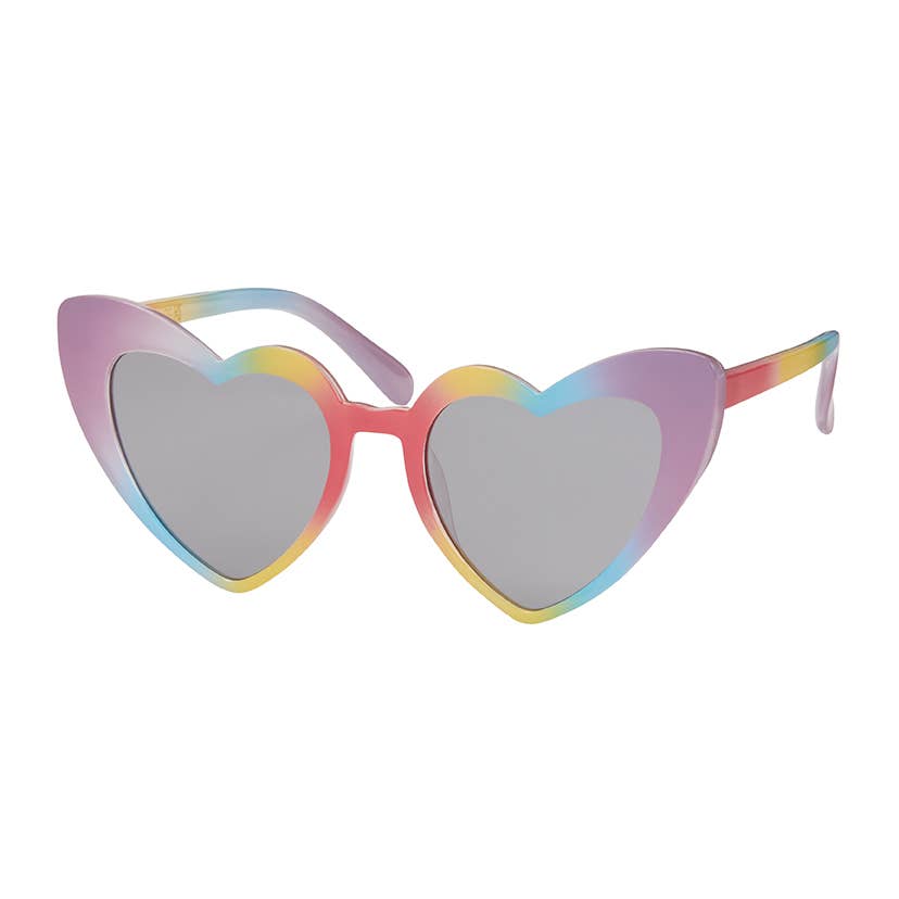 Heart-shaped sunglasses with a pastel rainbow gradient frame and silver mirrored lenses, shown on a plain white background.