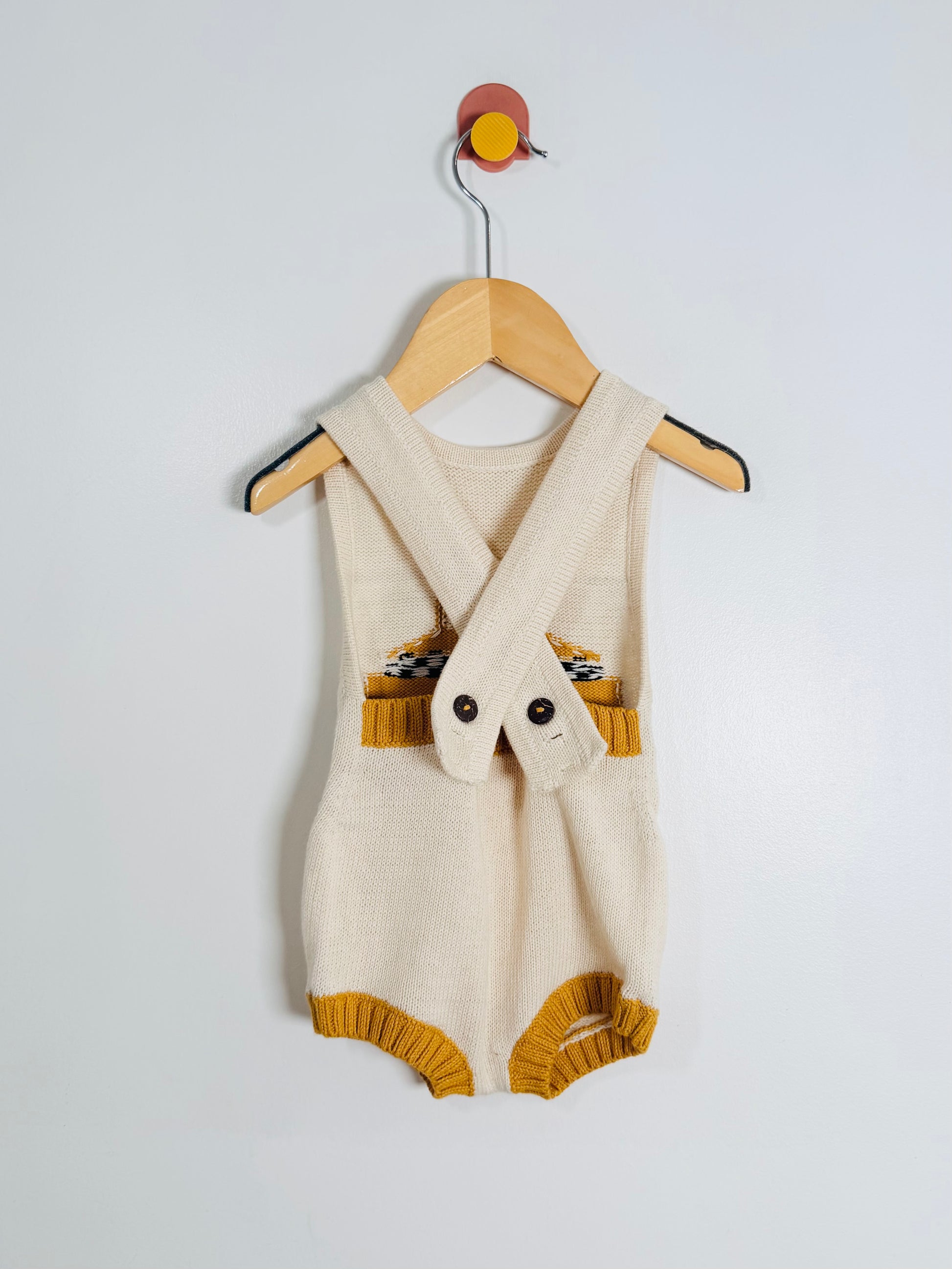 Baby romper with hood on a hanger against a white background