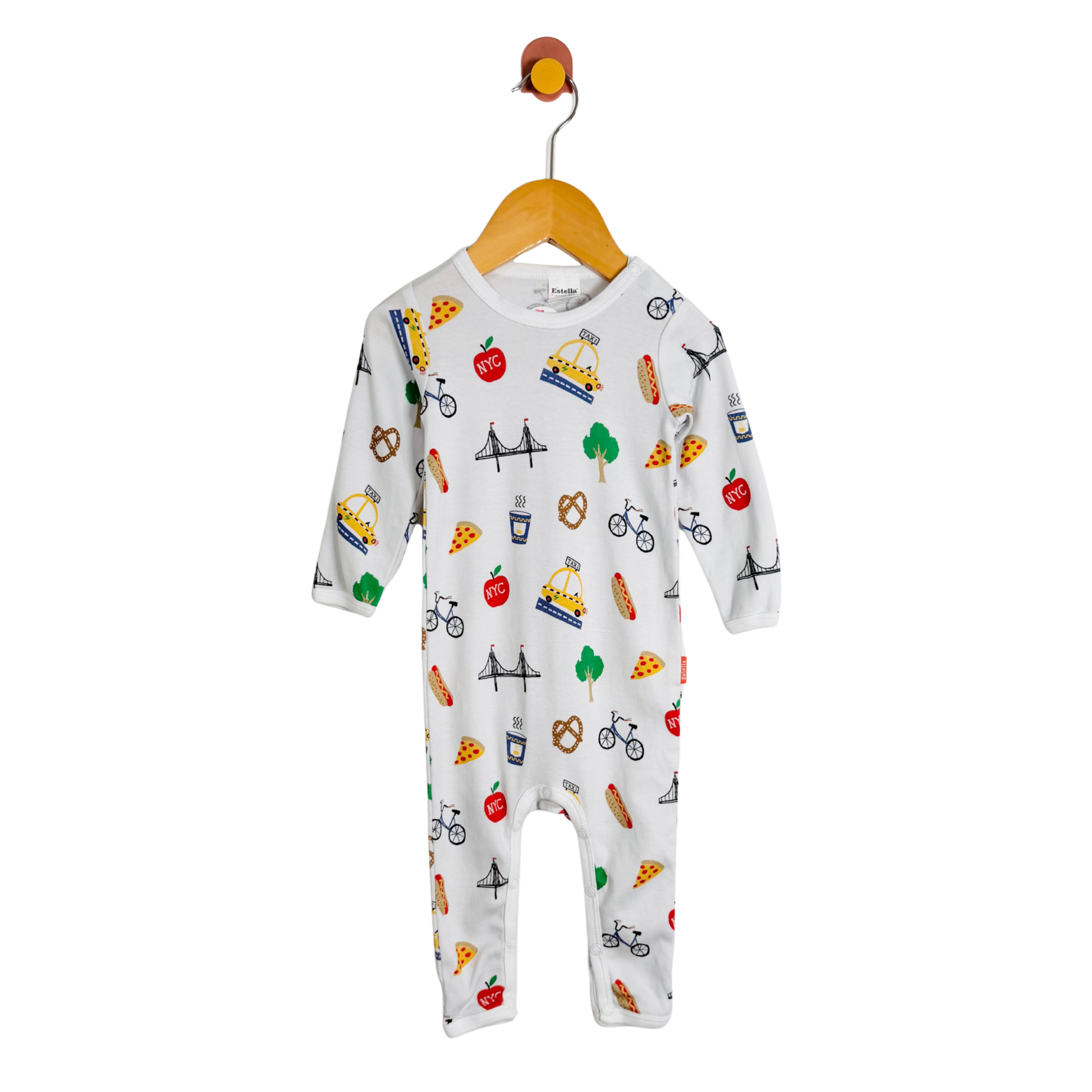Baby onesie with colorful patterns on a hanger against a white background