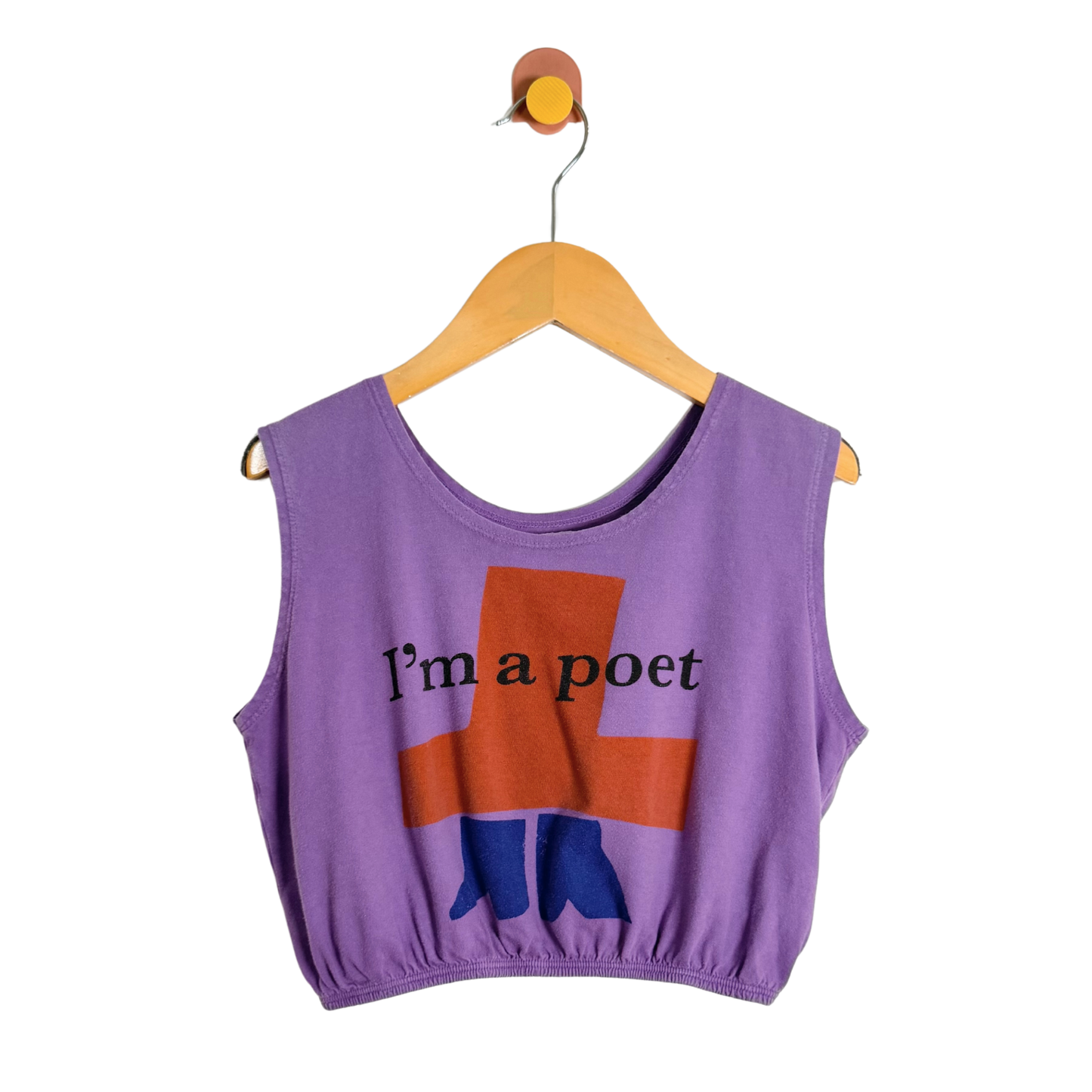 Purple sleeveless top with 'I'm a poet' text and graphic on a hanger against a white background