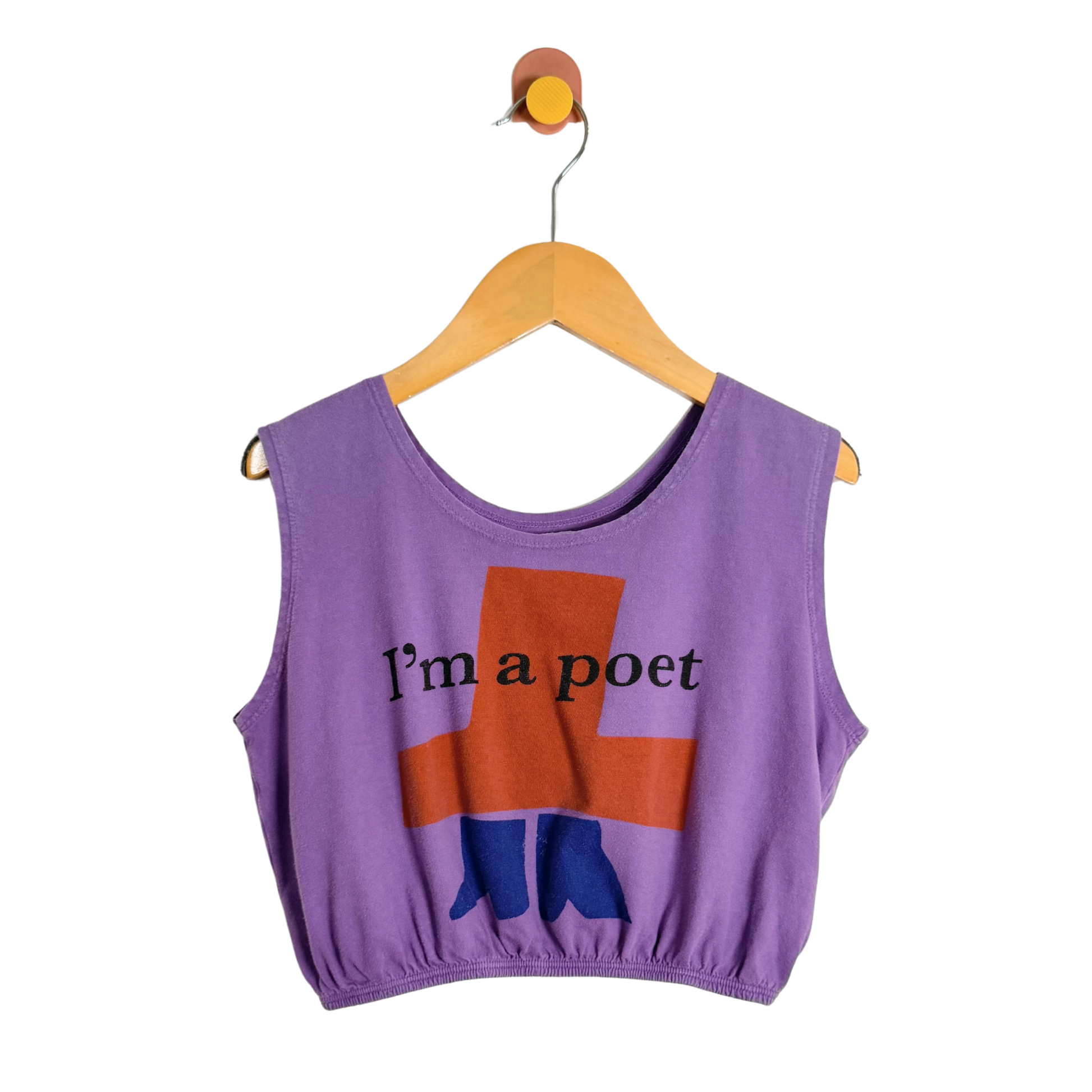 Purple sleeveless top with 'I'm a poet' text and graphic on a hanger against a white background