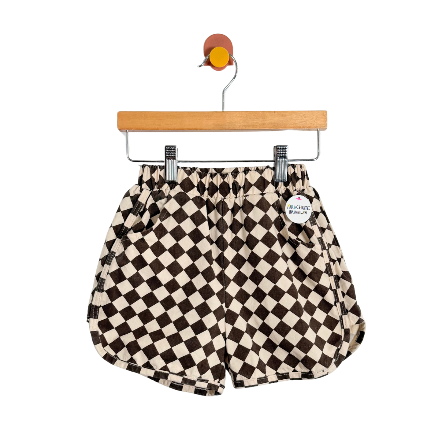 Checkered shorts on a wooden hanger with a white background