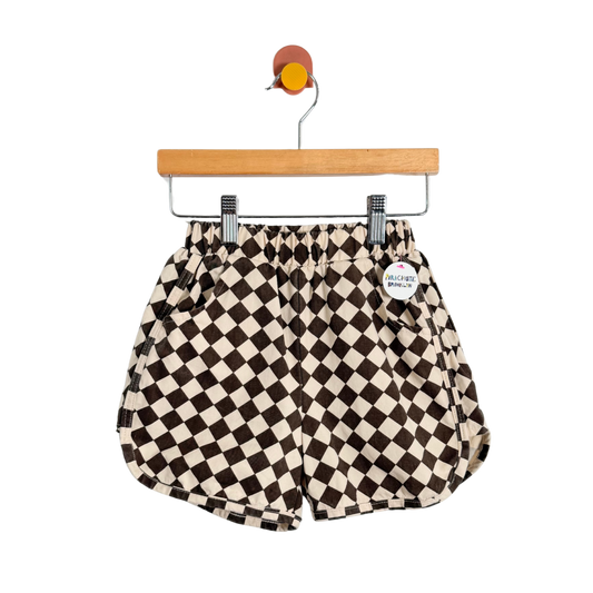 Checkered shorts on a wooden hanger with a white background