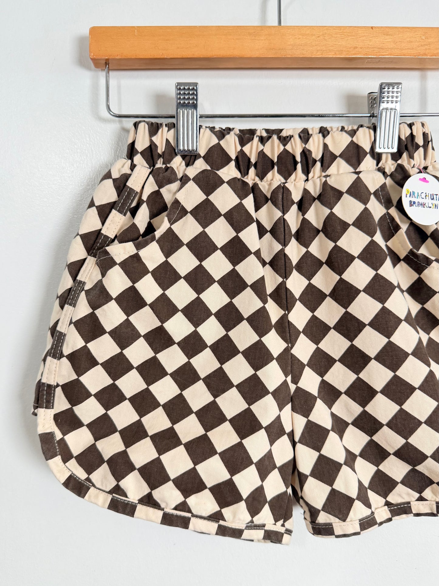 Checkered shorts on a hanger with a white background