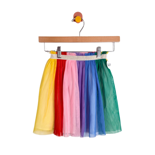 Colorful tulle skirt on a hanger against a white background