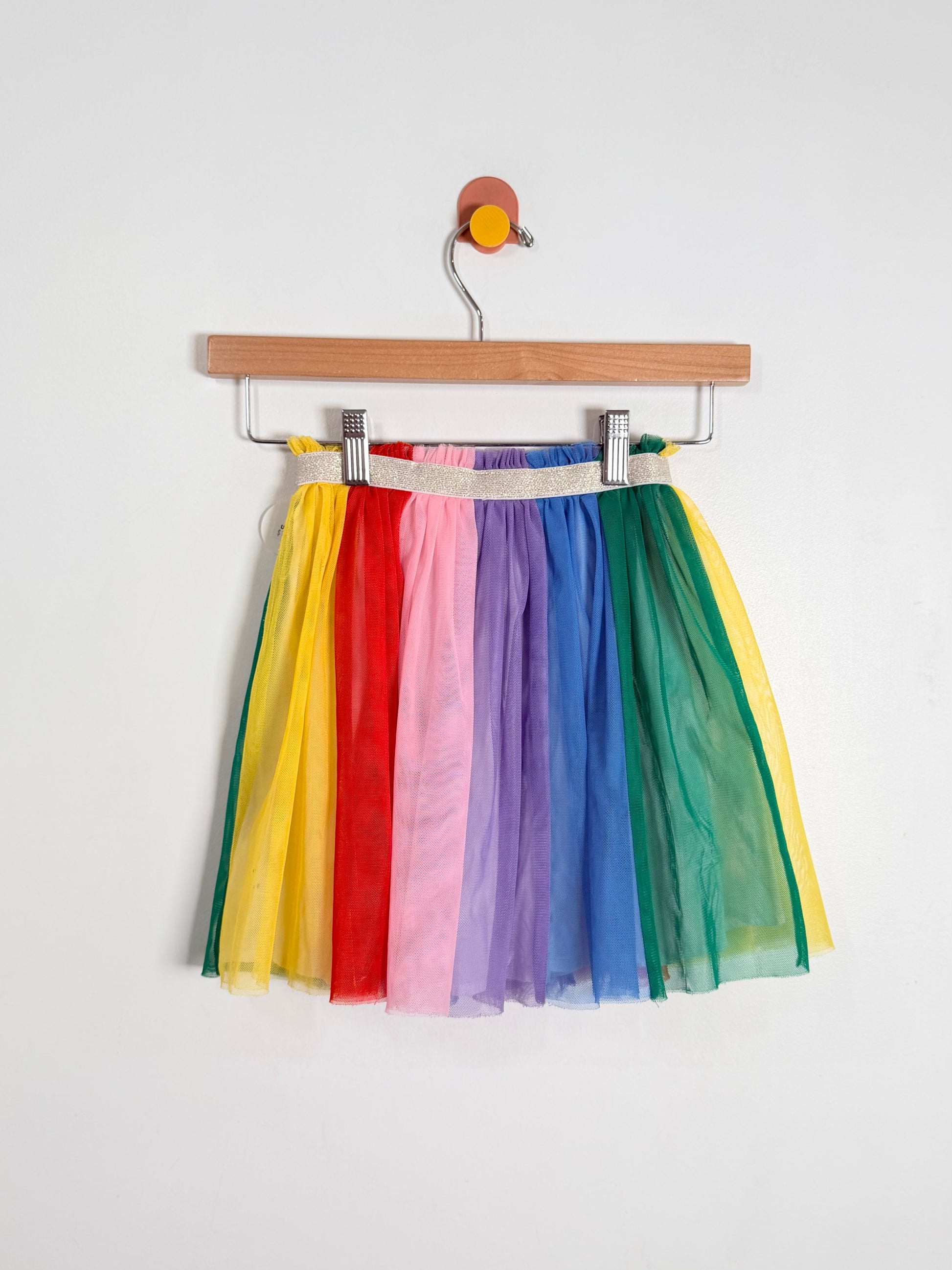 Colorful tulle skirt on a hanger against a white background
