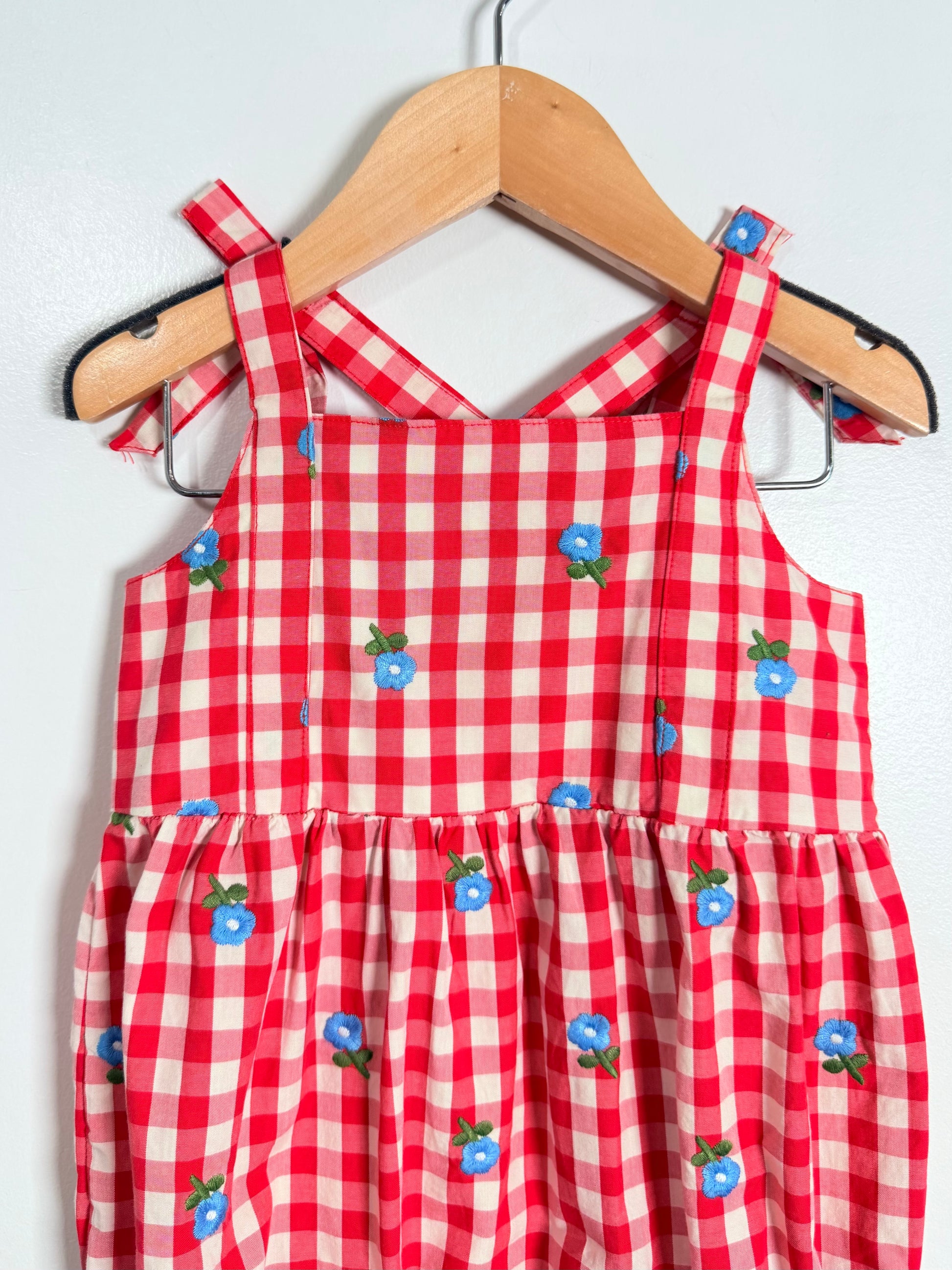 Red and white checkered dress with blue floral details on a hanger against a white background