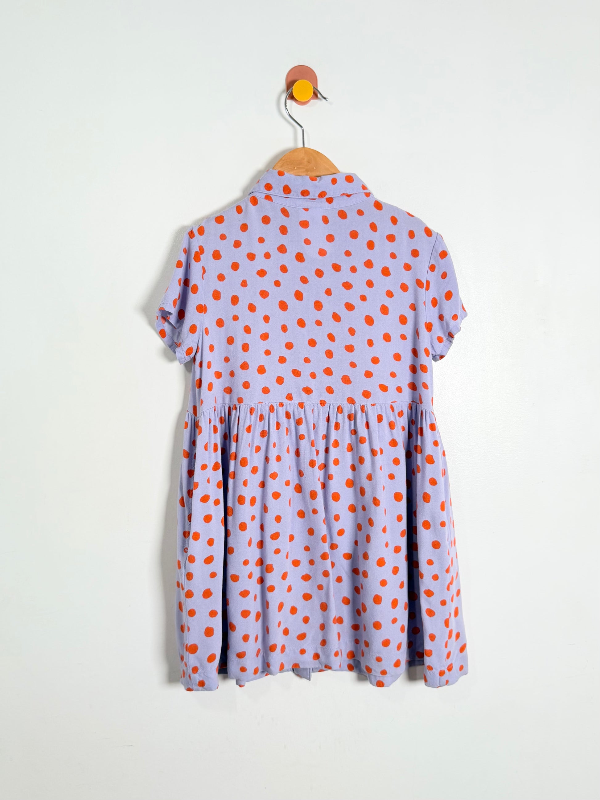 Polka dot dress on a hanger against a white background