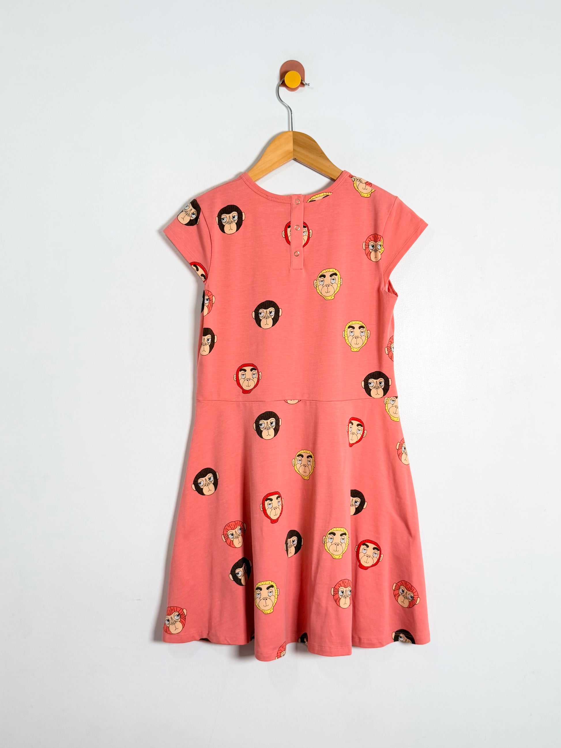 Pink dress with monkey print on a hanger against a white background
