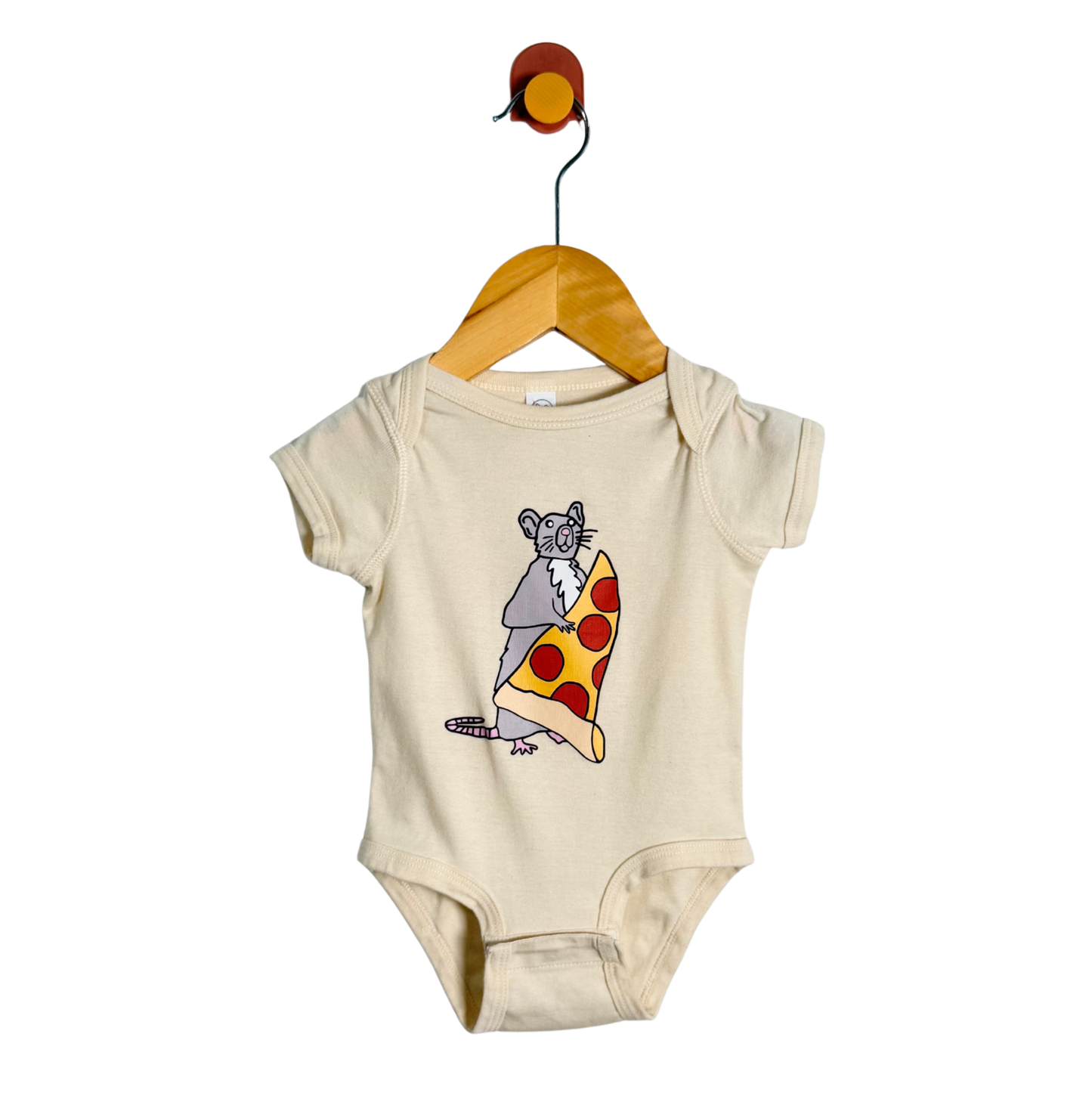 Beige baby onesie with a cartoon mouse holding a pizza on a hanger against a white background