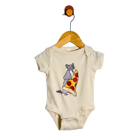 Beige baby onesie with a cartoon mouse holding a pizza on a hanger against a white background