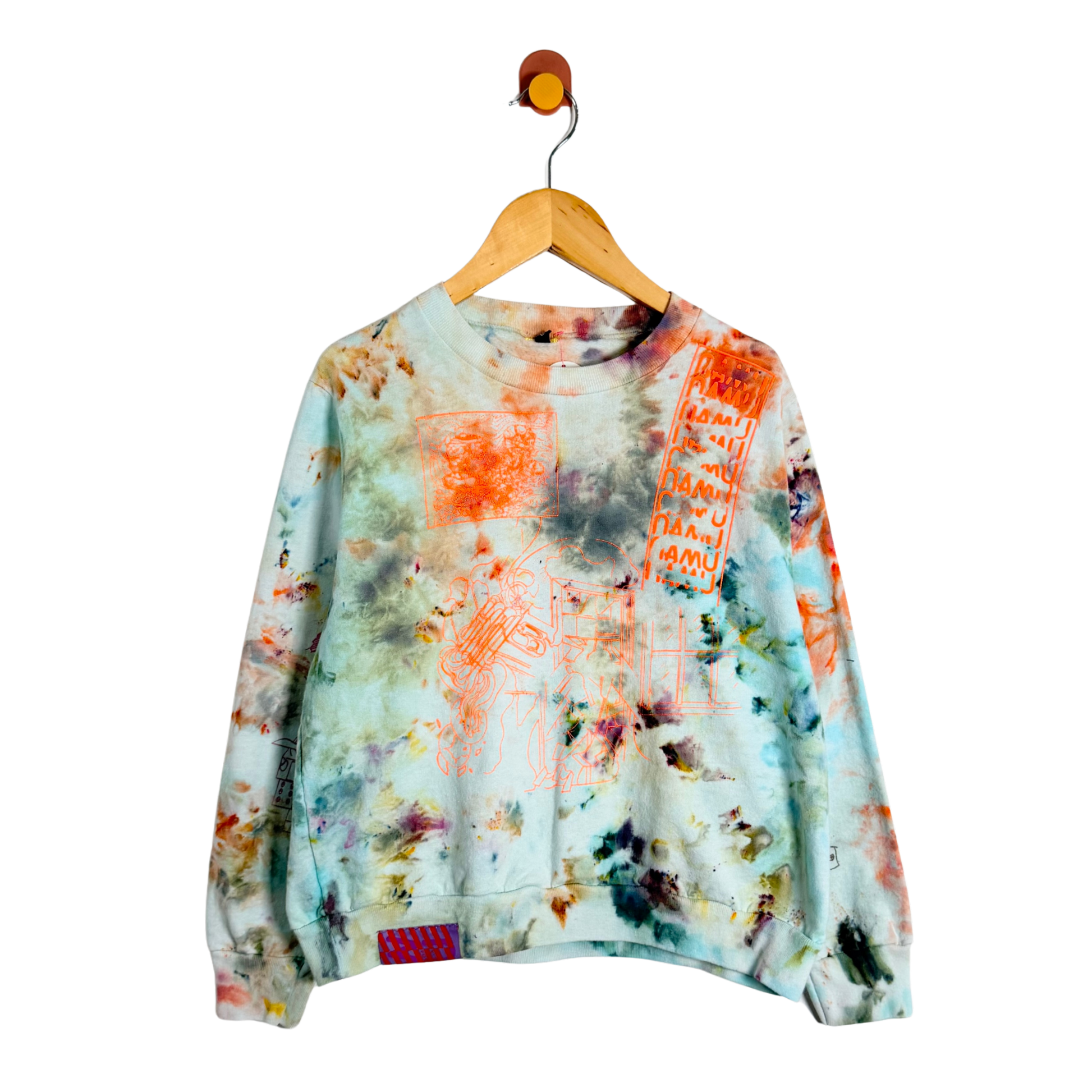 Colorful tie-dye sweatshirt on a wooden hanger against a white background
