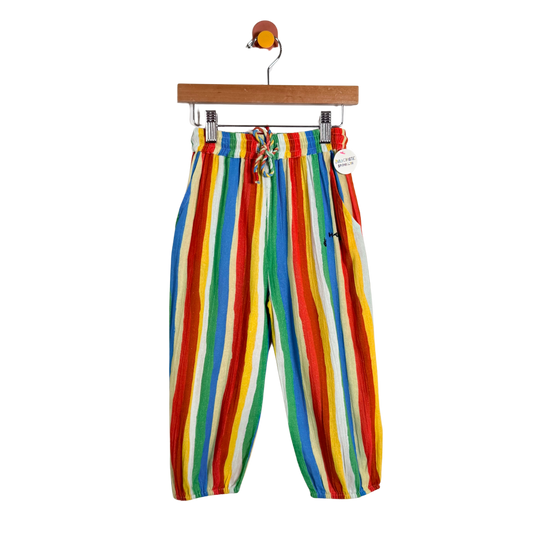 Colorful striped pants on a hanger against a white background