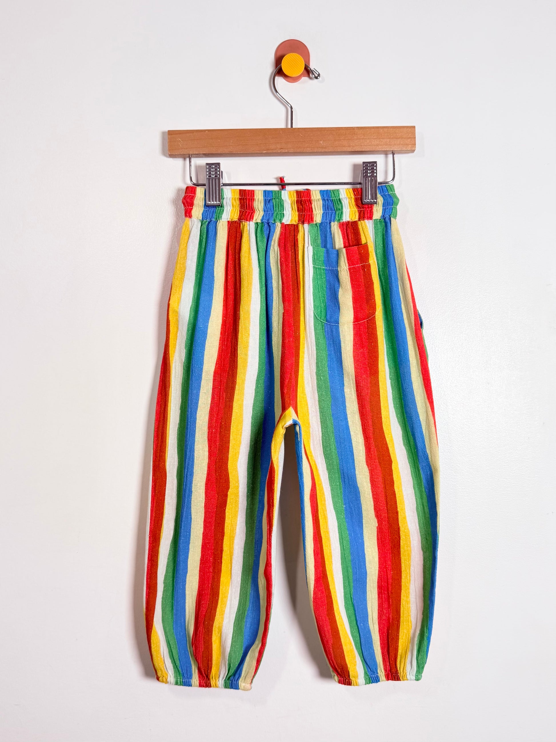 Colorful striped pants on a hanger against a white background