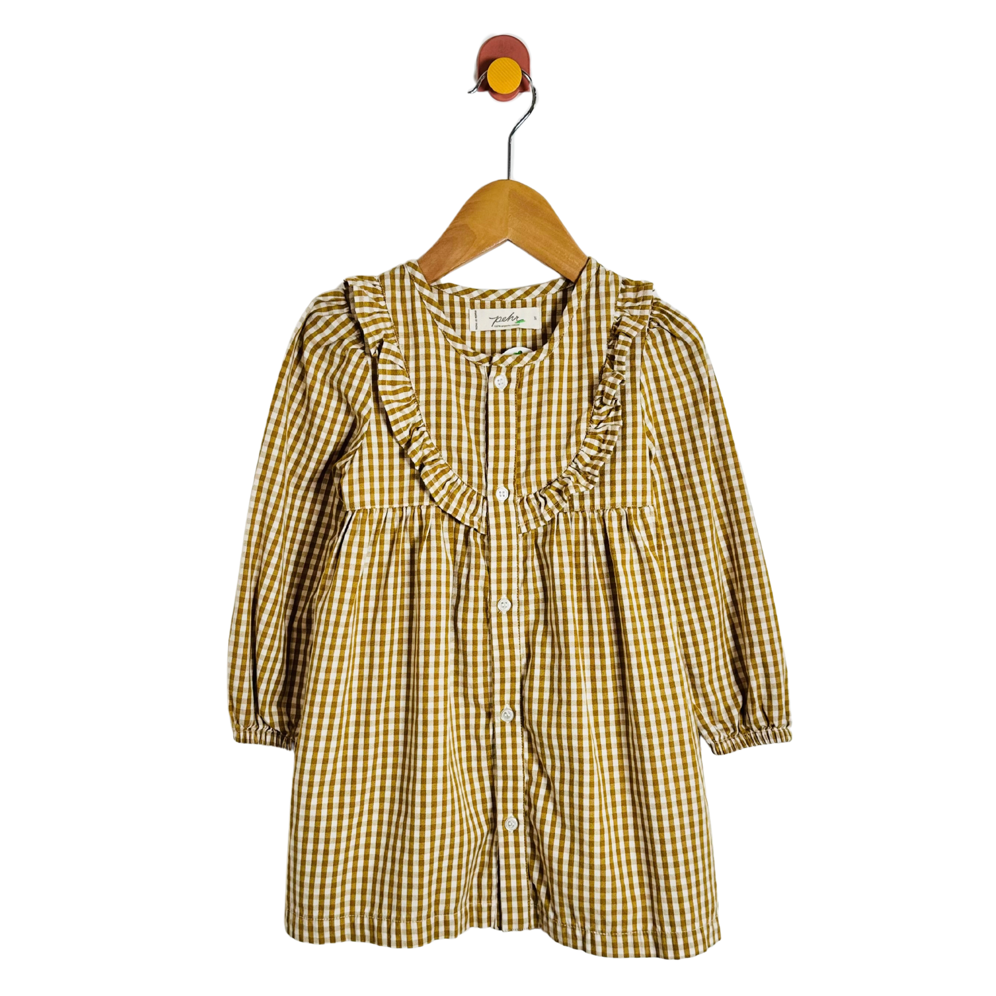 A yellow and white gingham check long-sleeve dress for toddlers, featuring a ruffled collar and front button closure, hanging on a wooden hanger against a plain white background.