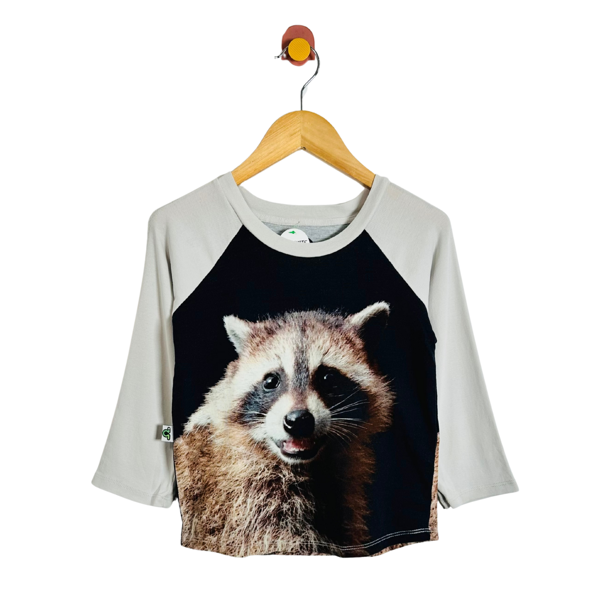 A raglan t-shirt for kids, featuring a large printed raccoon face on the front over a black body and light gray sleeves, hanging on a wooden hanger against a white background.