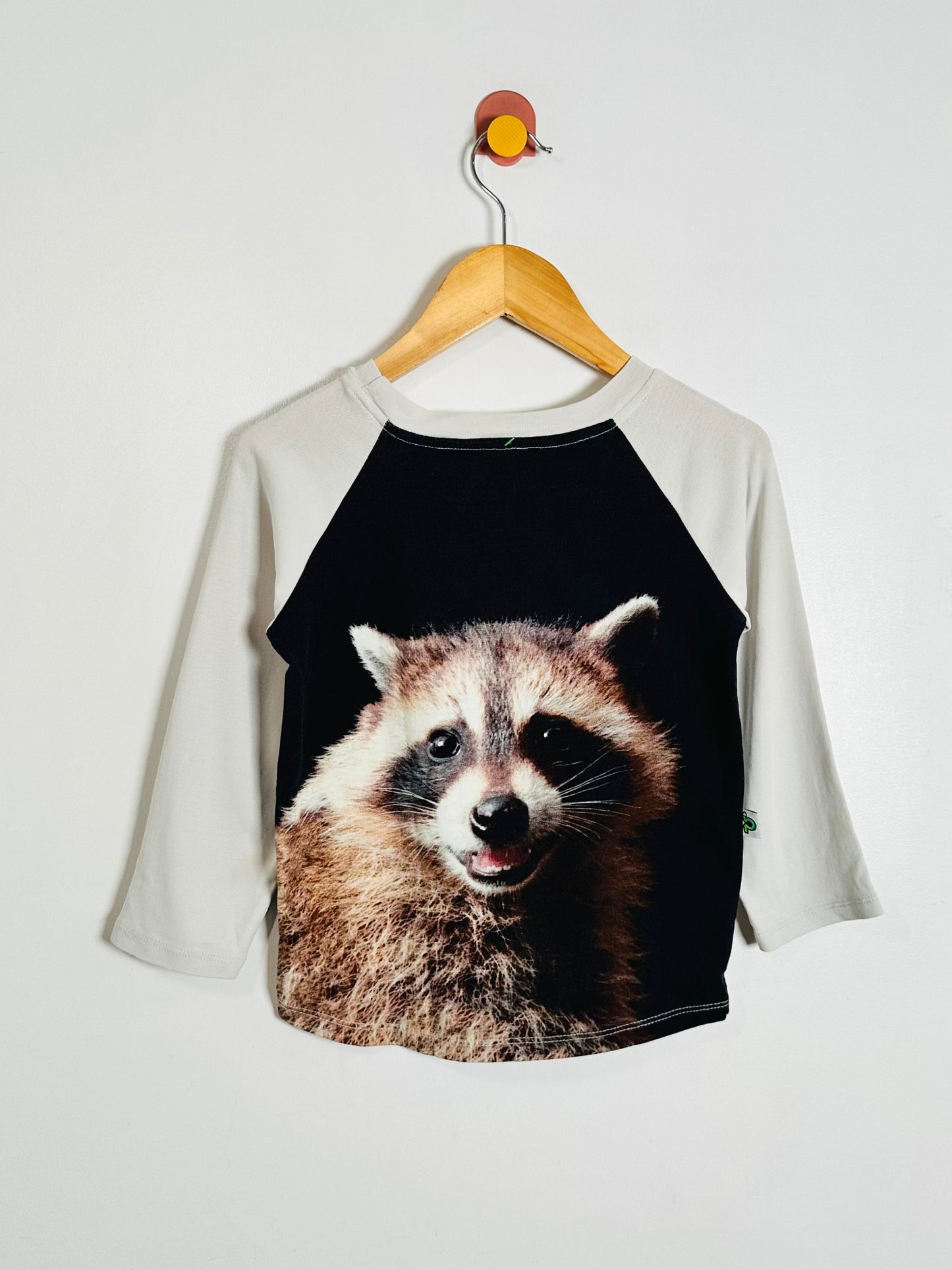A raglan-style long-sleeve shirt hanging on a wooden hanger against a plain light background. The shirt has off-white sleeves and shoulders with a large black chest panel featuring a printed raccoon face and fur graphic.