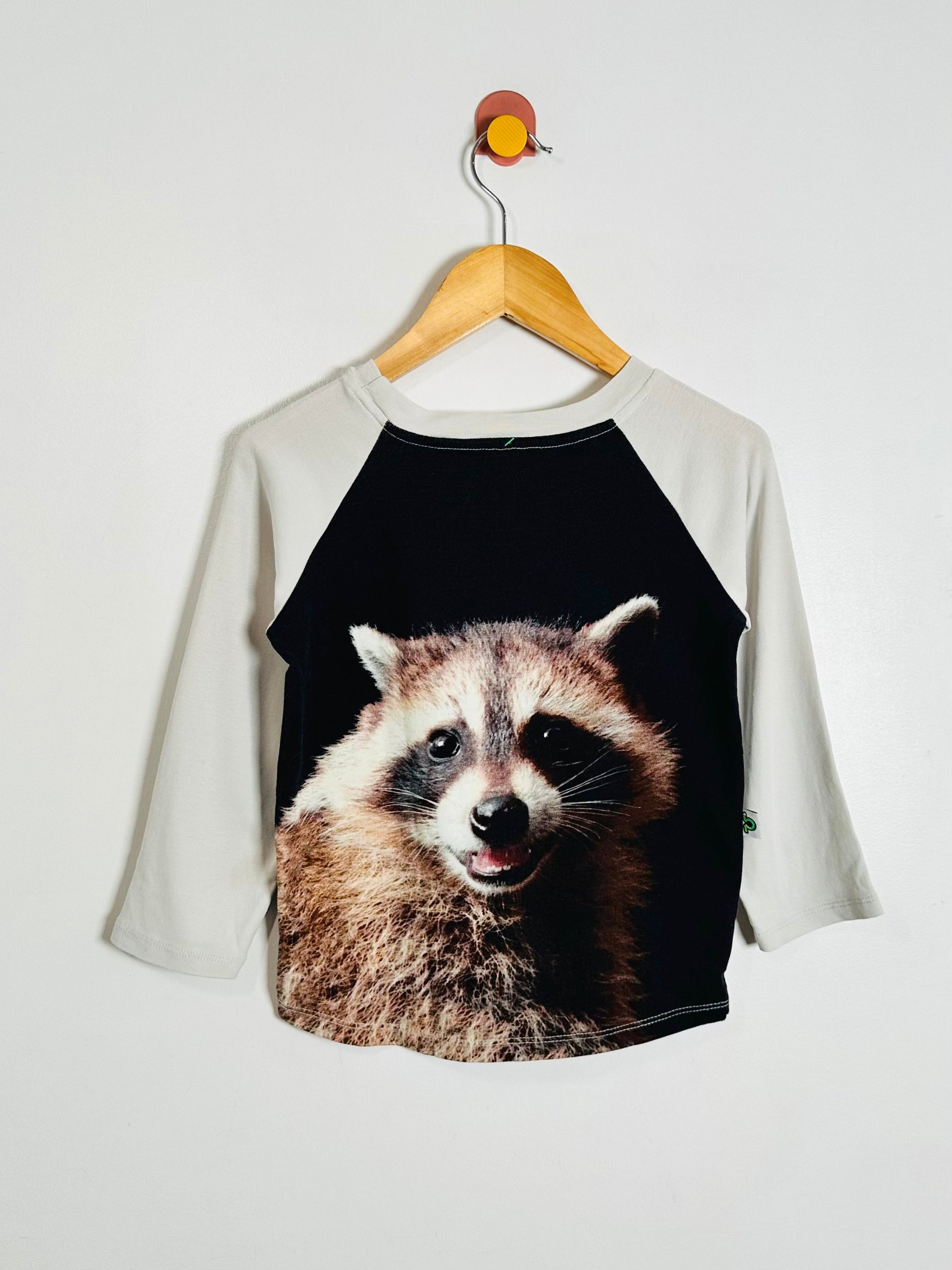 A raglan-style long-sleeve shirt hanging on a wooden hanger against a plain light background. The shirt has off-white sleeves and shoulders with a large black chest panel featuring a printed raccoon face and fur graphic.
