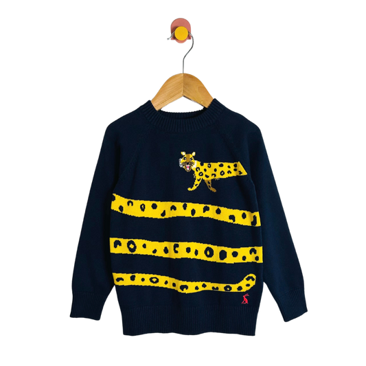 Children's sweater with a leopard design on a hanger against a white background