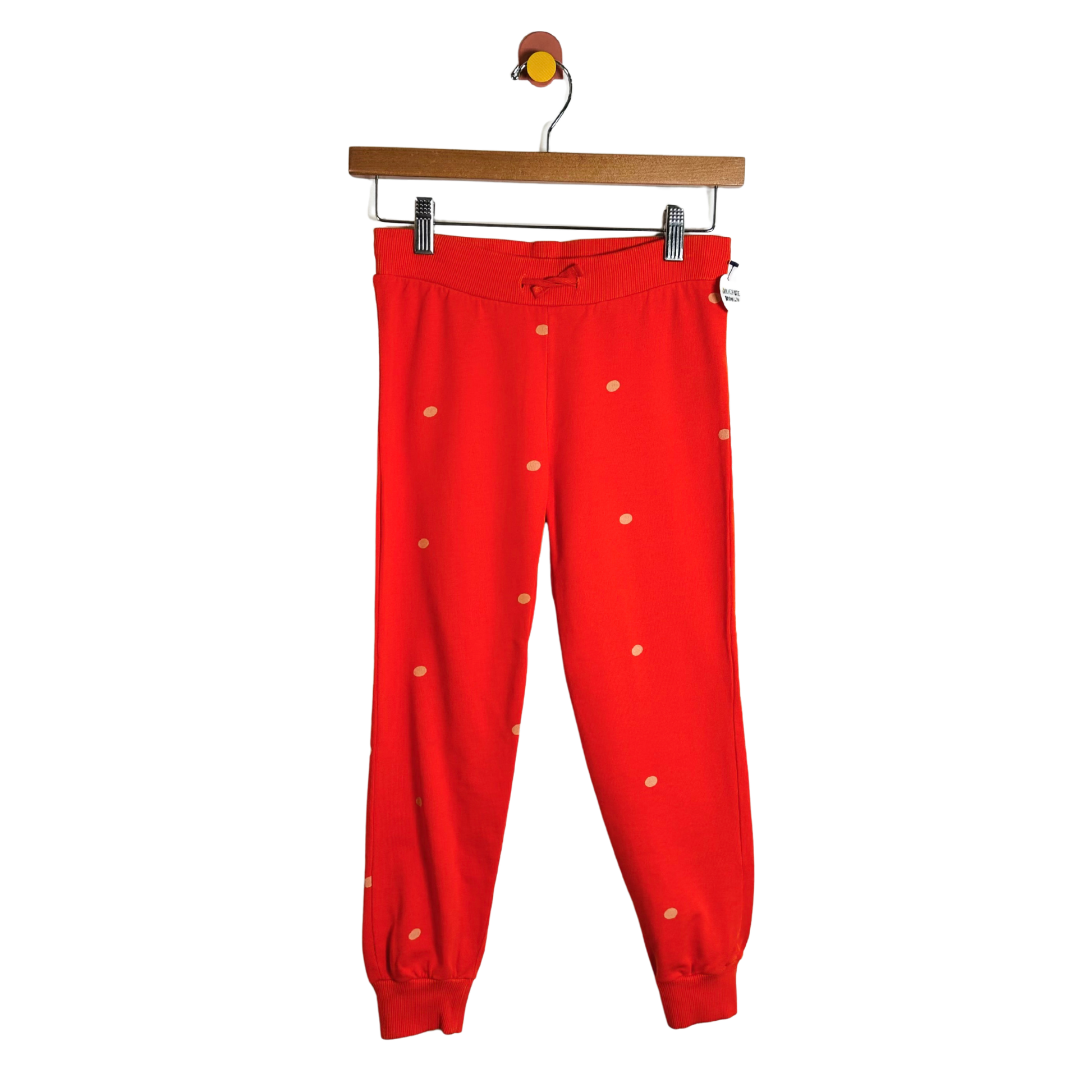 Red pants with white polka dots hanging on a wooden hanger against a white background