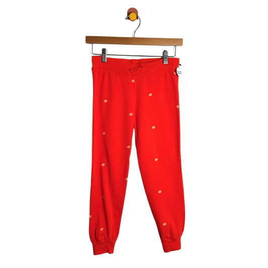 Red pants with white polka dots hanging on a wooden hanger against a white background