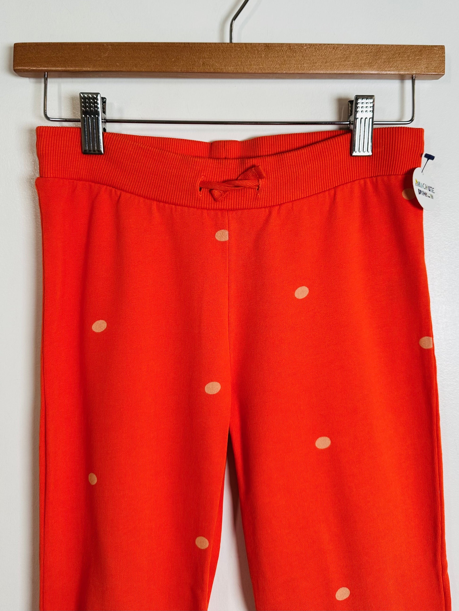 Red pants with gold polka dots on a hanger against a white background