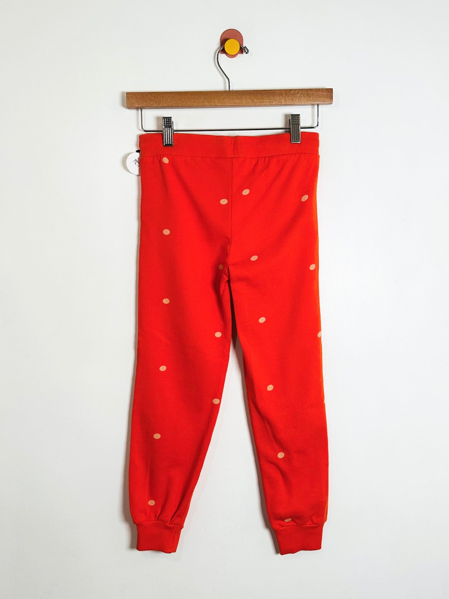 Red pants with white polka dots on a hanger against a white background