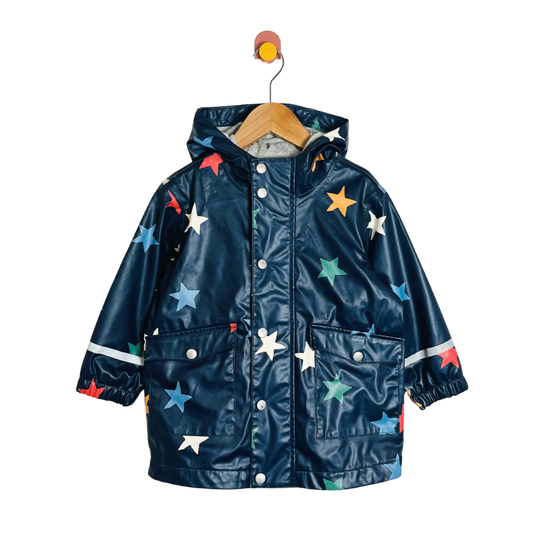Children's navy raincoat with colorful star patterns on a white background