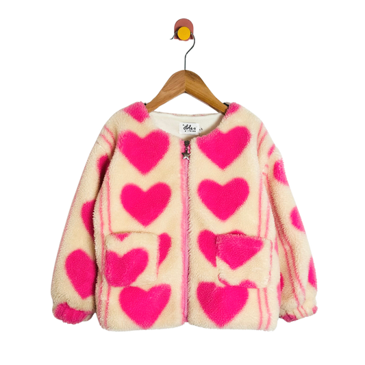 Children's jacket with pink heart patterns on a white background