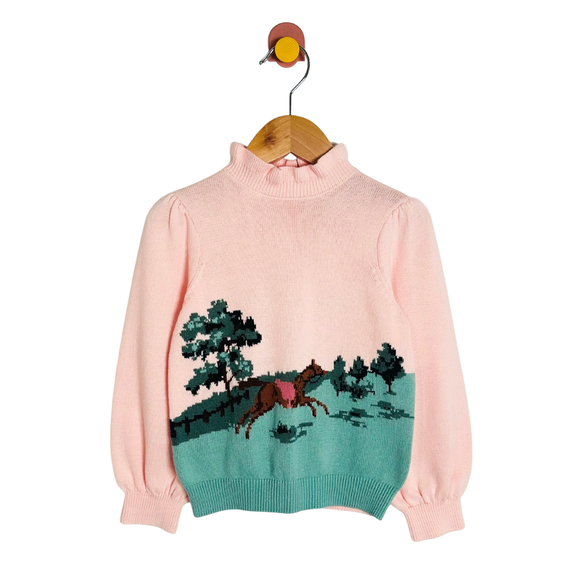 Pink sweater with horse and landscape design on a hanger against a white background