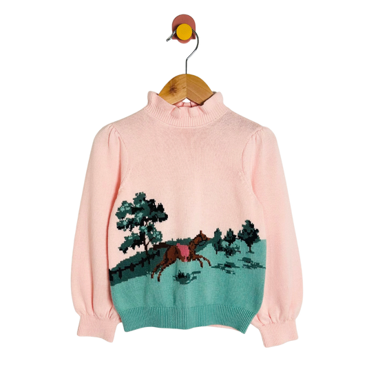 Pink sweater with horse and landscape design on a hanger against a white background