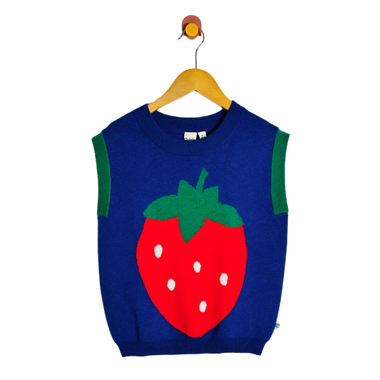 A sleeveless navy blue knit sweater vest featuring a large red strawberry graphic on the front with green leaves and white seeds, hanging on a wooden hanger against a plain white background.