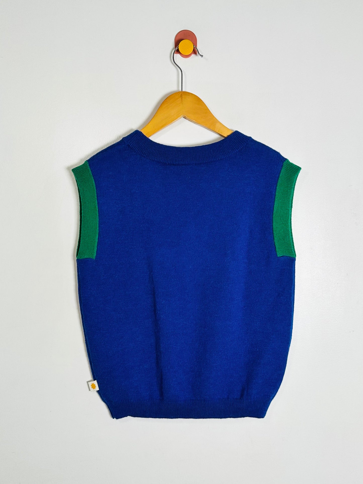 A sleeveless knit sweater vest in royal blue with green color-blocked shoulder panels, hanging on a wooden hanger against a plain light gray wall.