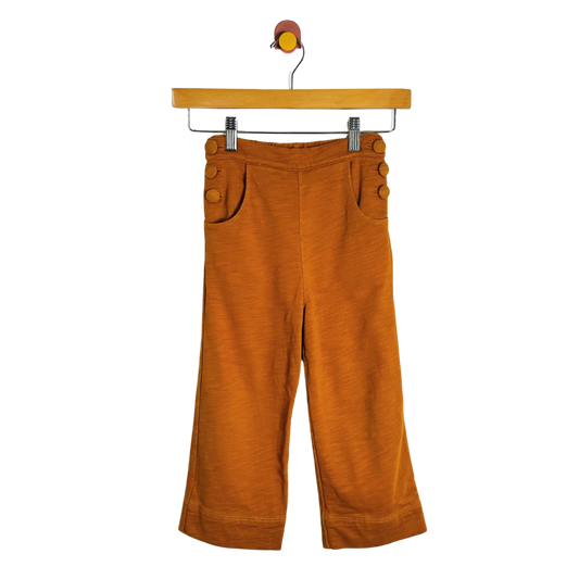 A pair of wide-leg cropped pants in a warm rust-orange corduroy fabric, hanging from a wooden hanger against a plain white background.