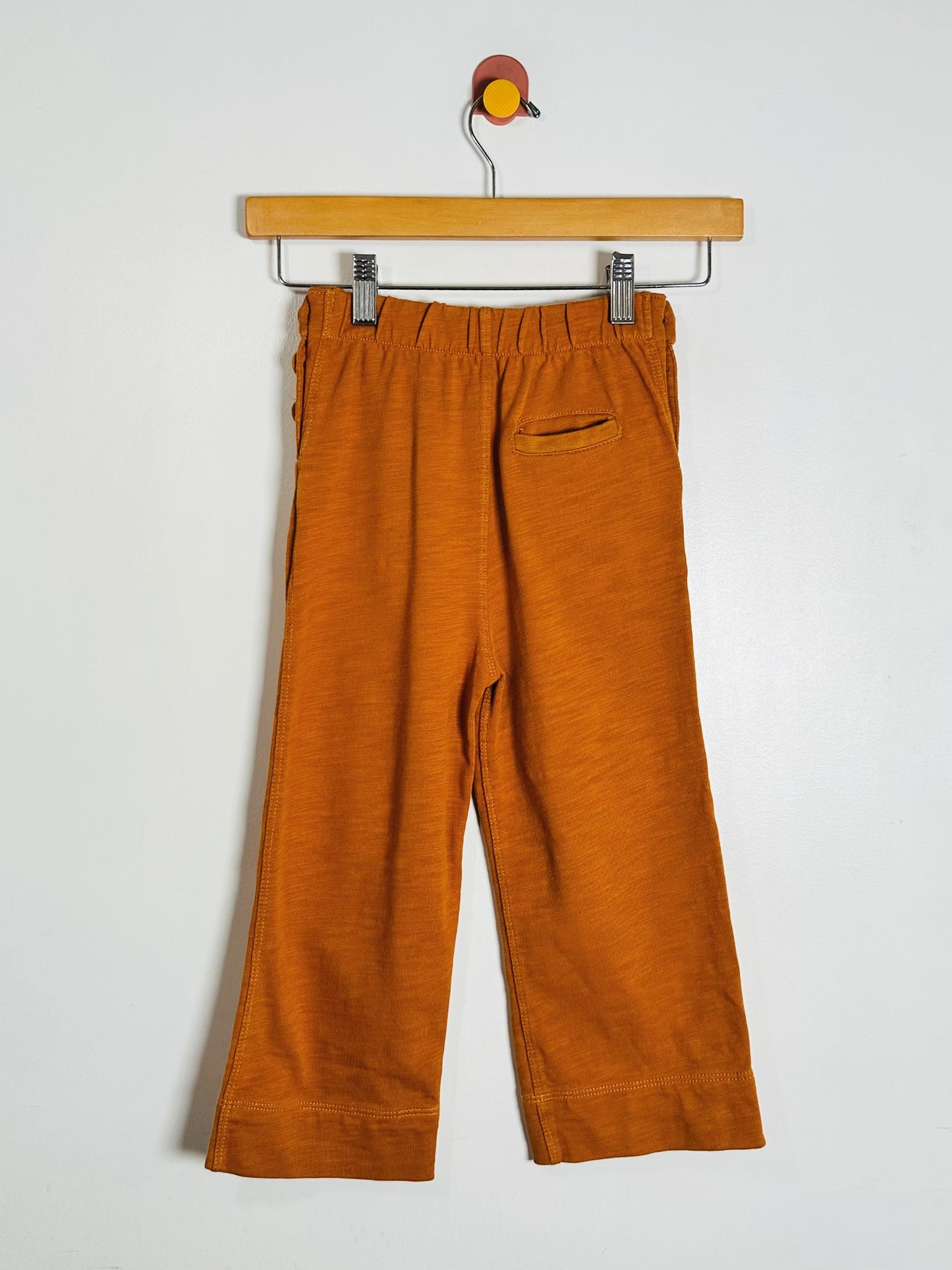 A pair of wide-leg cropped pants in a warm rust-orange color, hanging from a wooden hanger against a plain off-white wall.