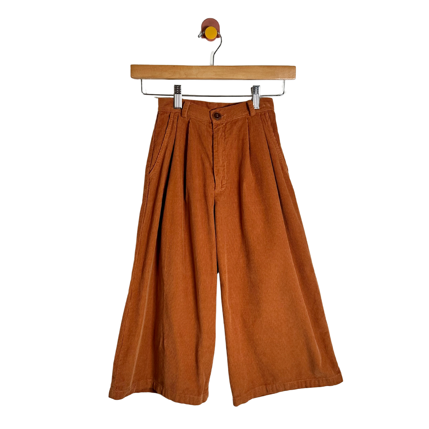 A pair of wide-leg pleated corduroy pants in a warm rust-orange color, hanging from a wooden hanger against a plain white background.