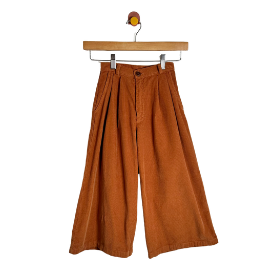 A pair of wide-leg pleated corduroy pants in a warm rust-orange color, hanging from a wooden hanger against a plain white background.