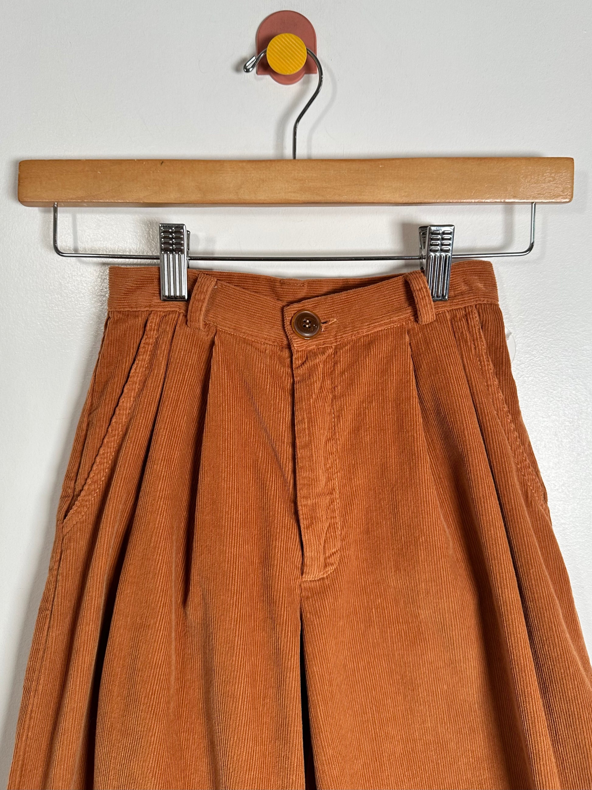A pair of pleated wide-leg trousers in rust orange corduroy fabric, hanging from a wooden hanger with metal clips against a plain white wall.