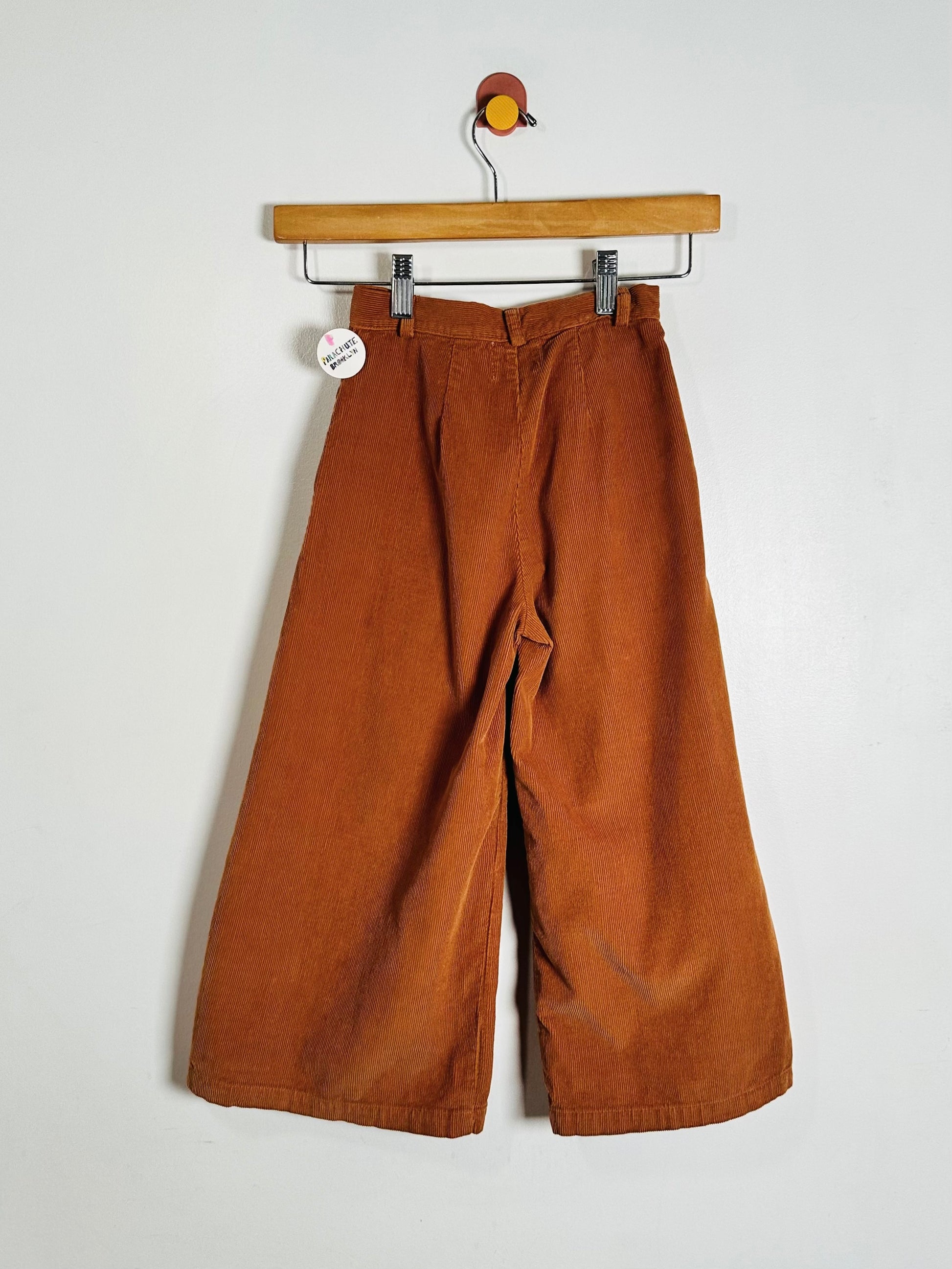 A pair of wide-leg  pants in rust orange corduroy fabric, hanging from a wooden hanger against a plain off-white wall.