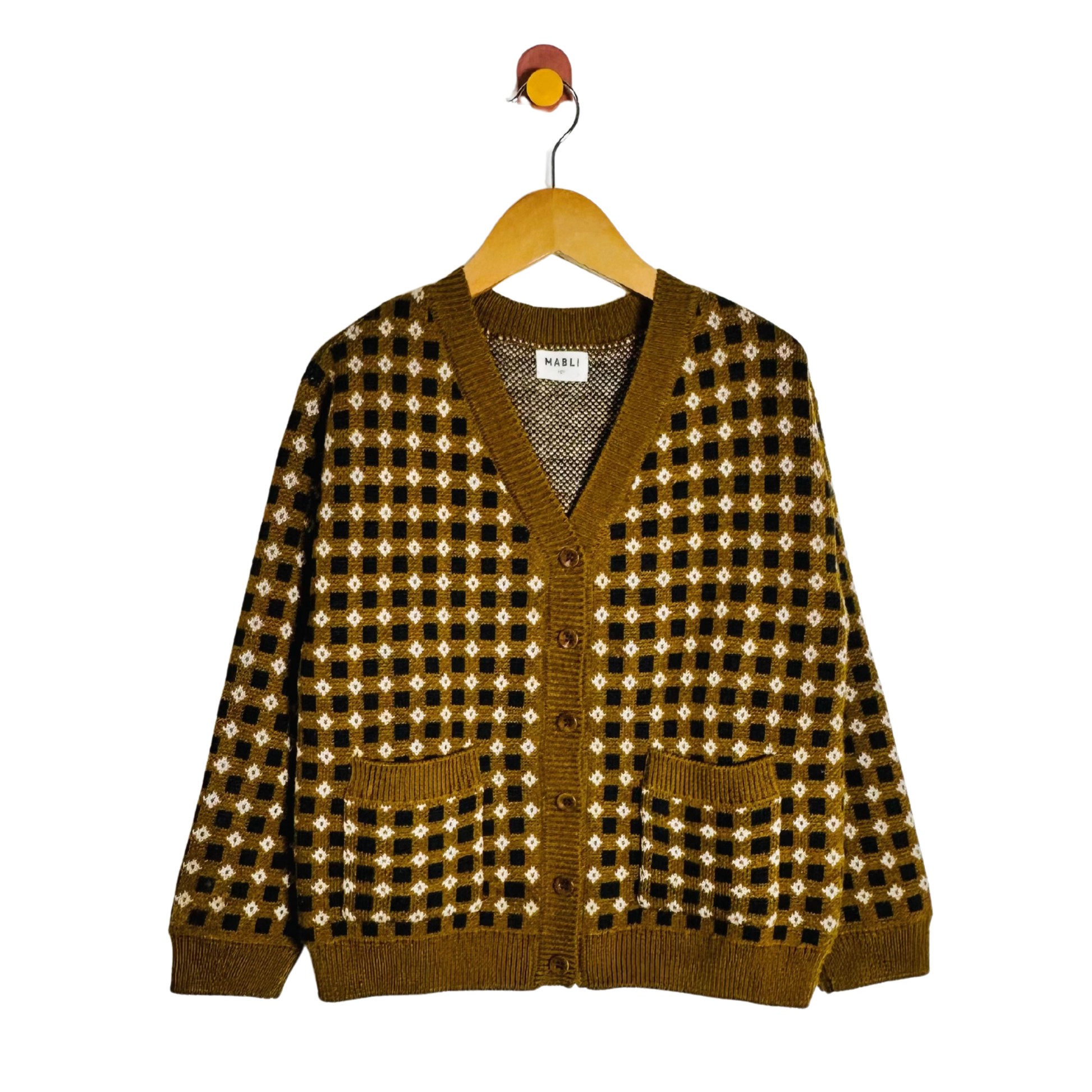 A brown and black checkered knit cardigan sweater with a white geometric pattern, hanging on a wooden hanger against a white background.