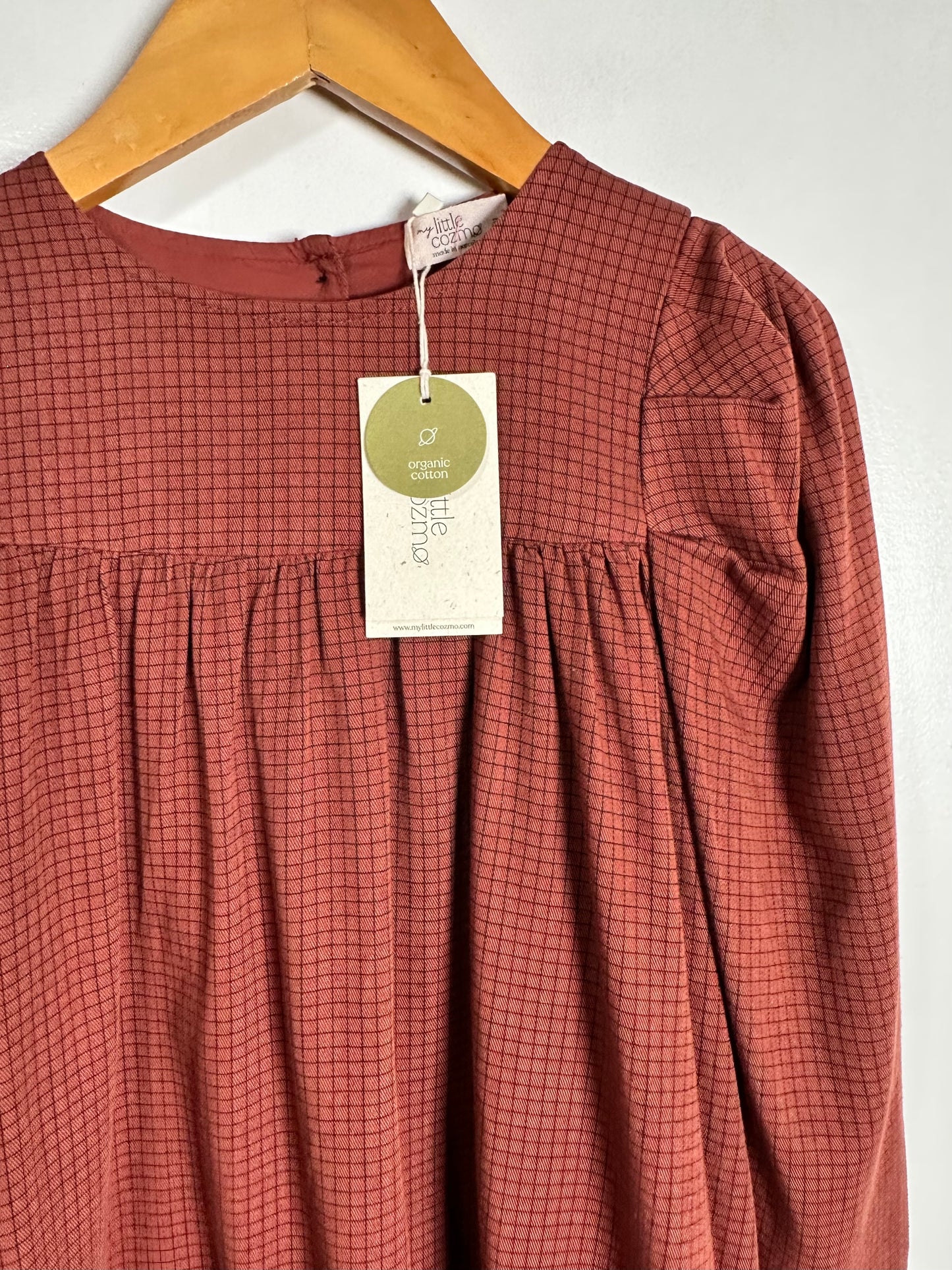 A rust-colored long-sleeve top with a small grid pattern, hanging on a wooden hanger with a paper tag attached, against a plain light background.