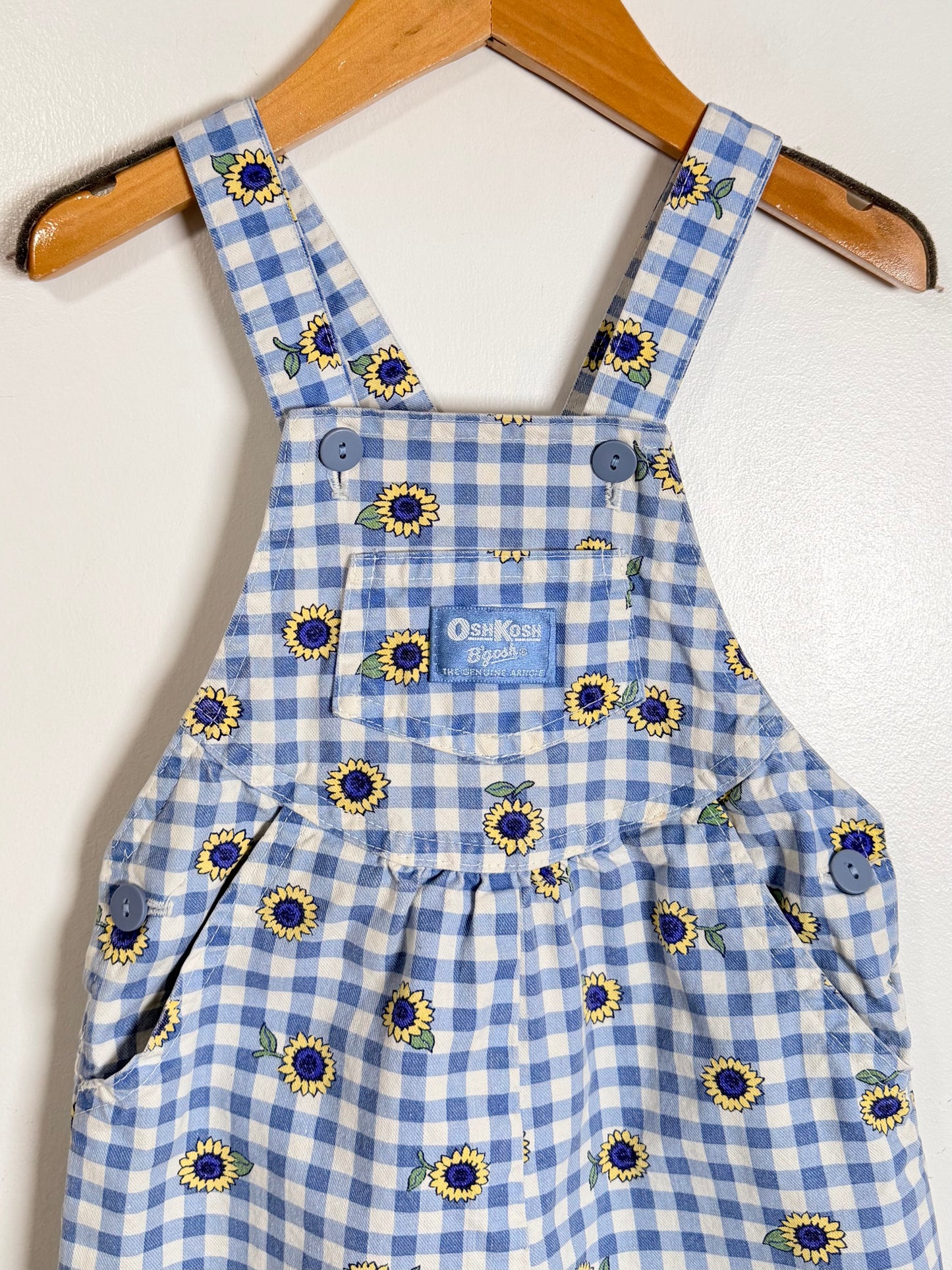A blue and white gingham baby overall romper with a sunflower print, hanging on a wooden hanger against a white wall. The brand label reads 'Odeon Fabrics'.