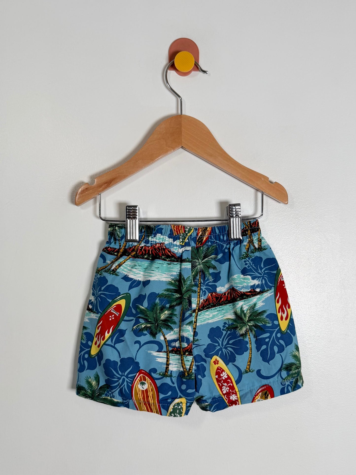 Blue tropical print swim trunks featuring palm trees, waves, and surfboards, hanging from a wooden hanger against a plain light gray wall.