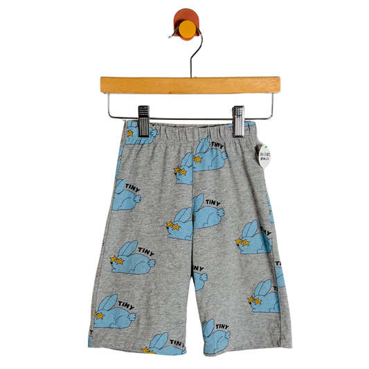 Gray heathered shorts with a blue bunny print and 'TINY' text, hanging on a wooden hanger against a white background.